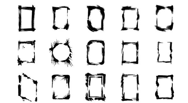 Sada suchých kartáčových rámů. Černé a bílé ryté inkoustem. Izolovaný rámec – ilustrace. — Stockový vektor