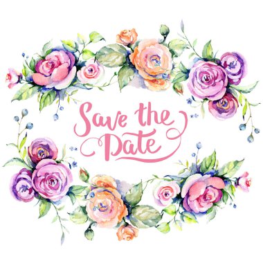 Pembe gül buketi loral botanik çiçekler. Suluboya arka plan illüstrasyon seti. Çerçeve kenarlık süs karesi.