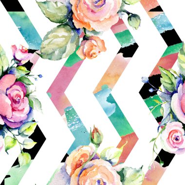 Pembe gül buketi loral botanik çiçekler. Suluboya arka plan illüstrasyon seti. Kesintisiz arka plan deseni.