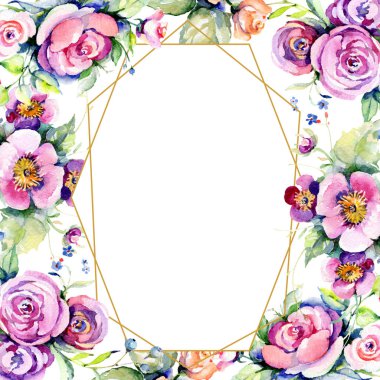 Pembe gül buketi loral botanik çiçekler. Suluboya arka plan illüstrasyon seti. Çerçeve kenarlık süs karesi.