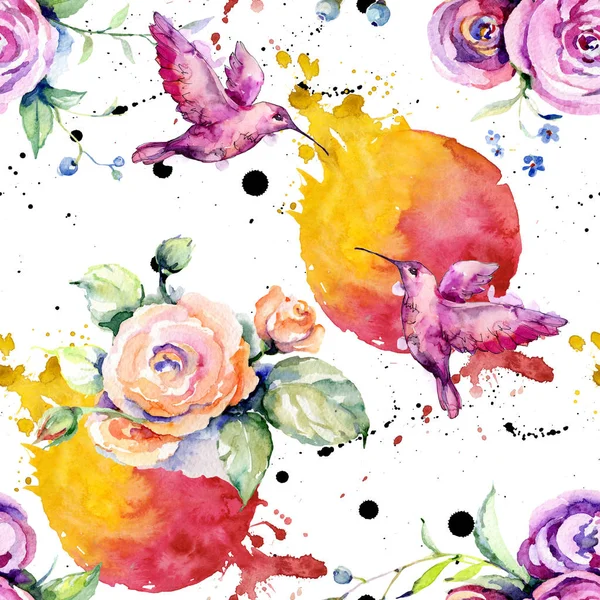 Pink rose bouquet loral botanical flowers. Watercolor background illustration set. Seamless background pattern. — Stock Photo, Image