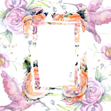 Pembe gül buketi loral botanik çiçekler. Suluboya arka plan illüstrasyon seti. Çerçeve kenarlık süs karesi.