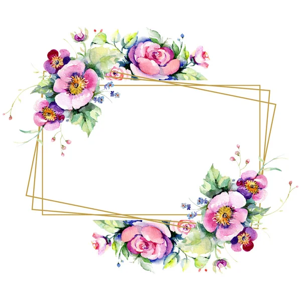 Roze roos boeket Loral botanische bloemen. Aquarel achtergrond illustratie instellen. Frame rand ornament vierkant. — Stockfoto