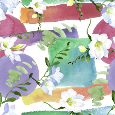 Beyaz frezya çiçekli botanik çiçekleri. Suluboya arkaplan çizimi. Kusursuz arkaplan deseni.