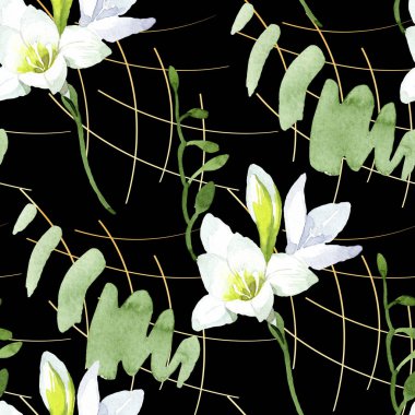 Beyaz frezya çiçekli botanik çiçekleri. Suluboya arkaplan çizimi. Kusursuz arkaplan deseni.