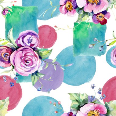 Pembe gül buketi loral botanik çiçekler. Suluboya arka plan illüstrasyon seti. Kesintisiz arka plan deseni.