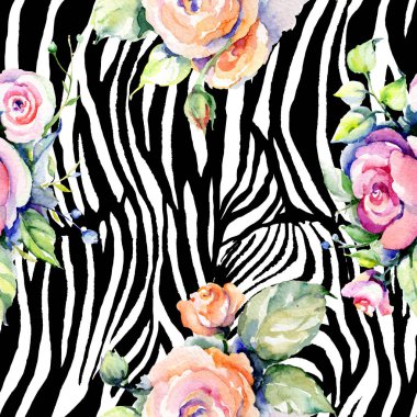 Pembe gül buketi loral botanik çiçekler. Suluboya arka plan illüstrasyon seti. Kesintisiz arka plan deseni.