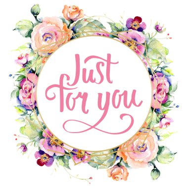 Pembe gül buketi loral botanik çiçekler. Suluboya arka plan illüstrasyon seti. Çerçeve kenarlık süs karesi.