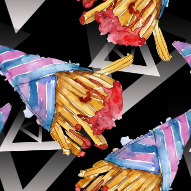 Bir suluboya tarzı set fast food patates kızartması. Suluboya arka plan illüstrasyon seti. Kesintisiz arka plan deseni.