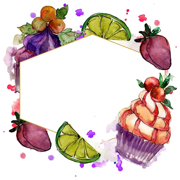 Tasty cupcake in a watercolor style. Aquarelle sweet dessert illustration set. Frame border ornament square. — Stock Photo, Image