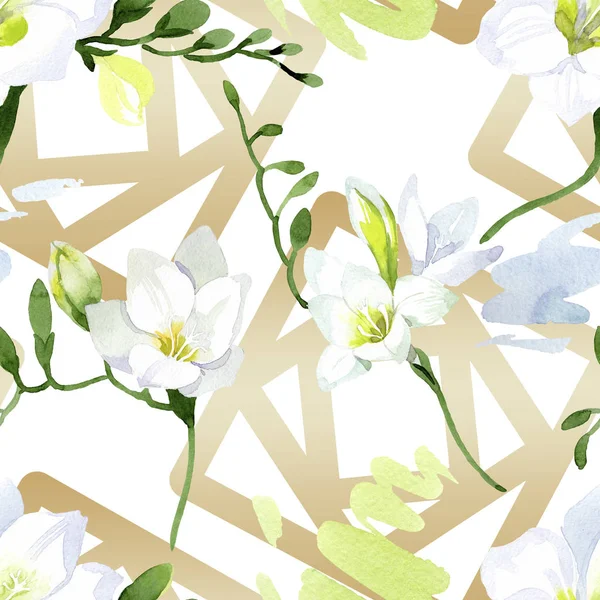 Λευκό freesia λουλούδια βοτανικό. Ακουαρέλα σύνολο εικονογράφησης φόντου. Χωρίς ραφή μοτίβο φόντου. — Φωτογραφία Αρχείου