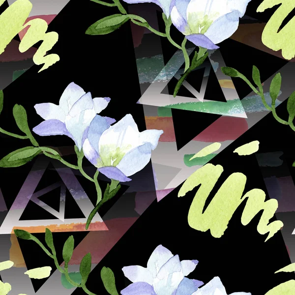 White freesia floral botanical flowers. Watercolor background illustration set. Seamless background pattern. — 스톡 사진