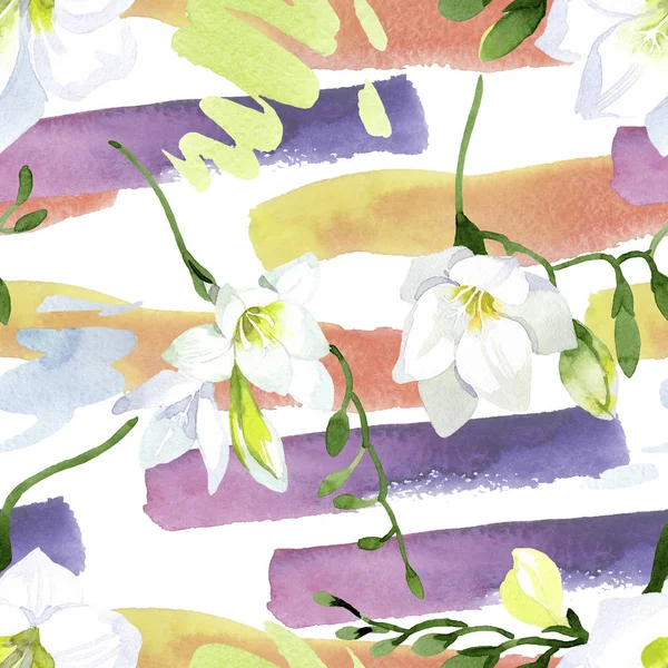 White freesia floral botanical flowers. Watercolor background illustration set. Seamless background pattern. — Stock Photo, Image
