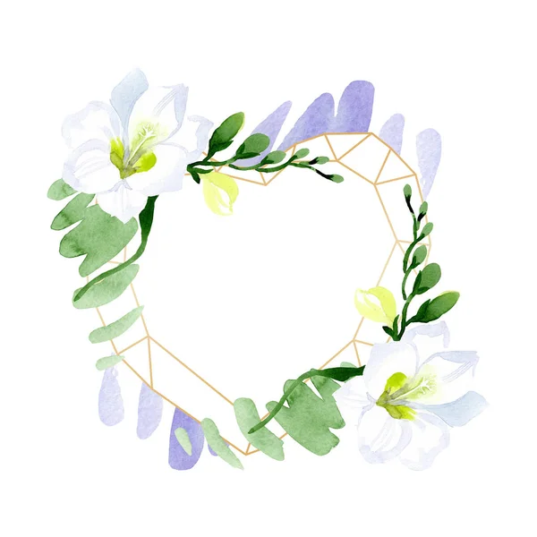 White freesia floral botanical flowers. Watercolor background illustration set. Frame border ornament square. — 스톡 사진