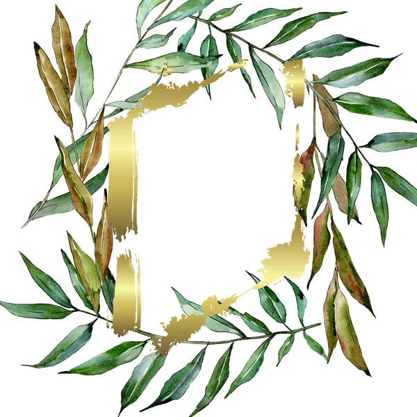 Grüne Weidenzweige. Aquarell Hintergrundillustration Set. Rahmen Rand Ornament Quadrat. — Stockfoto