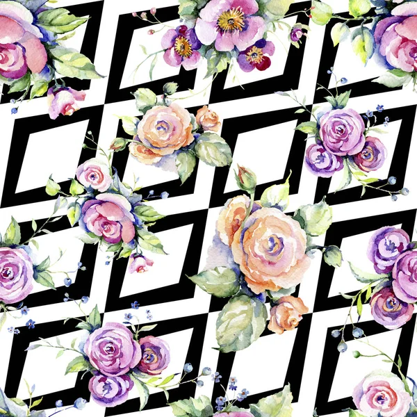 Ramo de rosas rosas flores botánicas lorales. Conjunto de ilustración de fondo acuarela. Patrón de fondo sin costuras . —  Fotos de Stock