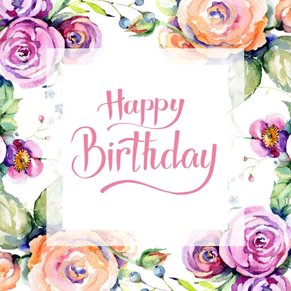 Pembe gül buketi loral botanik çiçekler. Suluboya arka plan illüstrasyon seti. Çerçeve kenarlık süs karesi.