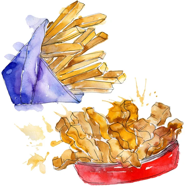 Suluboya Stil kümesindeki Fast food patates kızartması. Aquarelle gıda resimde arka plan için. İzole patates öğesi. — Stok fotoğraf