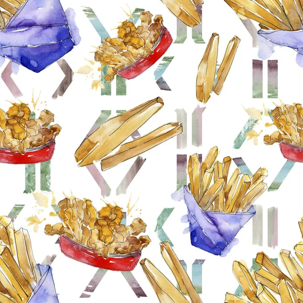 Snabbmat pommes frites i en akvarell stil uppsättning. Akvarell bakgrund illustration uppsättning. Sömlöst bakgrundsmönster. — Stockfoto