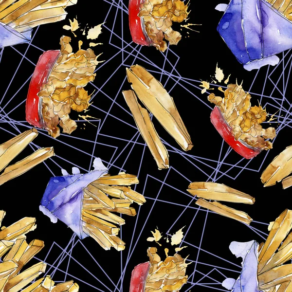 Papas fritas de comida rápida en un conjunto de estilo acuarela. Conjunto de ilustración de fondo acuarela. Patrón de fondo sin costuras . — Foto de Stock