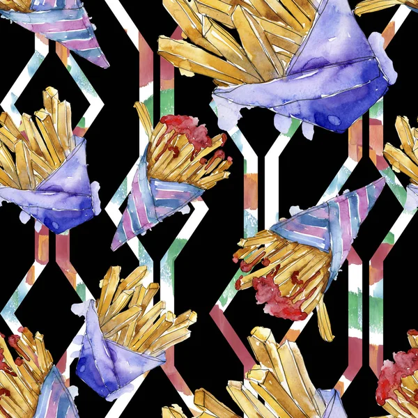 Φαστ φουντ τηγανιτές πατάτες σε ένα σετ στυλ υδατογραφίας. Σύνολο εικονογράφησης φόντου. Ομαλή μοτίβο φόντου. — Φωτογραφία Αρχείου