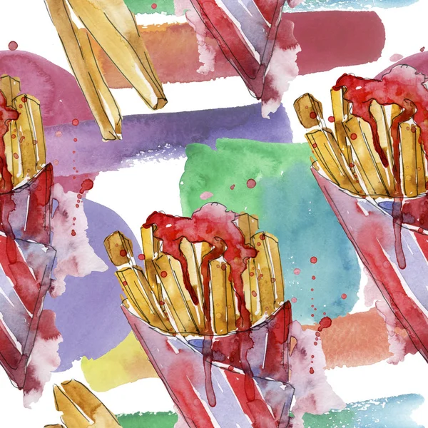 Φαστ φουντ τηγανιτές πατάτες σε ένα σετ στυλ υδατογραφίας. Σύνολο εικονογράφησης φόντου. Ομαλή μοτίβο φόντου. — Φωτογραφία Αρχείου