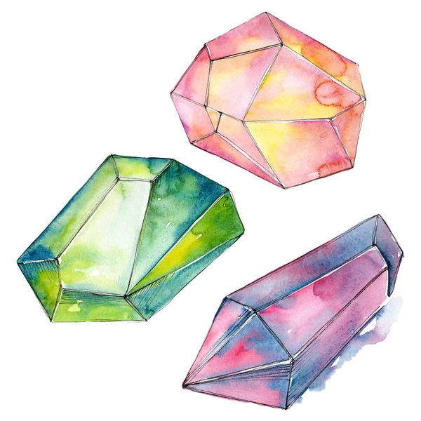 Coloridos diamantes minerales de joyería de roca. Conjunto de fondo acuarela. Elemento de ilustración de cristal aislado . —  Fotos de Stock
