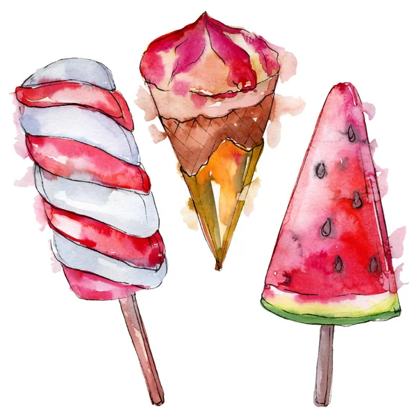 美味的水彩画式冰淇淋。水仙甜甜点插画套。独立的甜点背景元素. — 图库照片