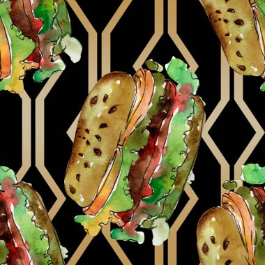 Hamburger fast food izole. Suluboya arka plan illüstrasyon seti. Kesintisiz arka plan deseni.