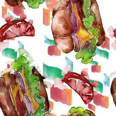 Hamburger fast food izole. Suluboya arka plan illüstrasyon seti. Kesintisiz arka plan deseni.