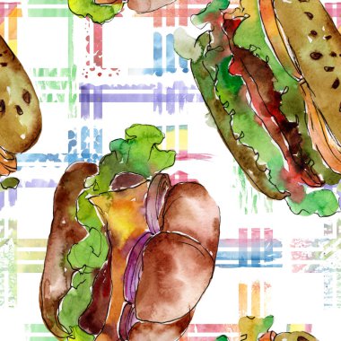 Hamburger fast food izole. Suluboya arka plan illüstrasyon seti. Kesintisiz arka plan deseni.