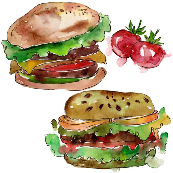 Hamburger Fast Food isoliert. Aquarell Hintergrundillustration Set. Isolierte Snack Illustration Element. — Stockfoto