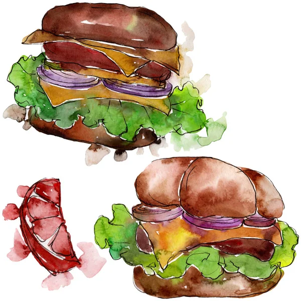 Hambúrguer fast food isolado. Conjunto de ilustração de fundo aquarela. Isolado lanche ilustração elemento . — Fotografia de Stock