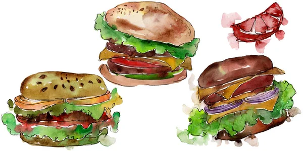 Hamburger Fast Food isoliert. Aquarell Hintergrundillustration Set. Isolierte Snack Illustration Element. — Stockfoto