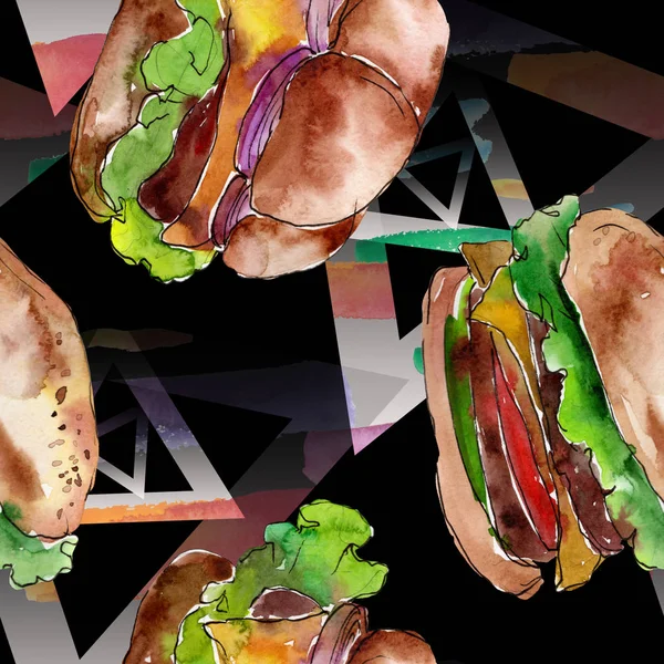 Hamburguesa de comida rápida aislada. Conjunto de ilustración de fondo acuarela. Patrón de fondo sin costuras . — Foto de Stock