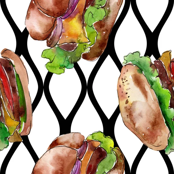Hamburguesa de comida rápida aislada. Conjunto de ilustración de fondo acuarela. Patrón de fondo sin costuras . — Foto de Stock