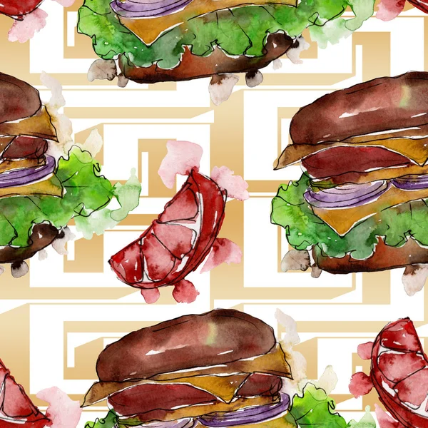 Hamburger Fast food na białym tle. Akwarela zestaw ilustracji tła. Płynny wzór tła. — Zdjęcie stockowe