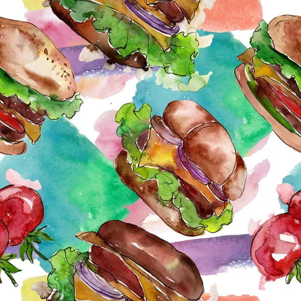 Hamburgery rychlé občerstvení izolované. Vodný obrázek pozadí-barevný. Bezespání vzorek pozadí. — Stock fotografie