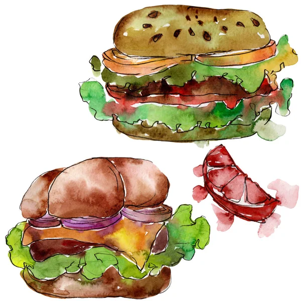 Hamburger Fast Food isoliert. Aquarell Hintergrundillustration Set. Isolierte Snack Illustration Element. — Stockfoto