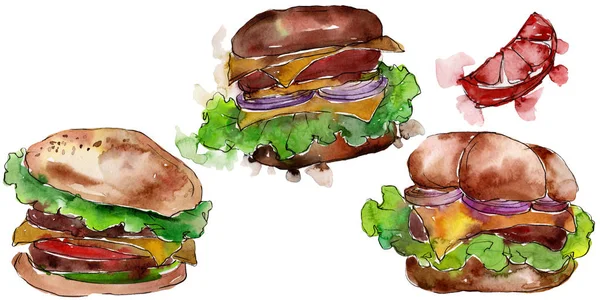 Hamburger Fast food na białym tle. Akwarela zestaw ilustracji tła. Na białym tle przekąska element ilustracji. — Zdjęcie stockowe