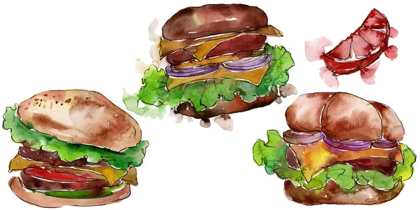 Hamburger Fast Food isoliert. Aquarell Hintergrundillustration Set. Isolierte Snack Illustration Element. — Stockfoto