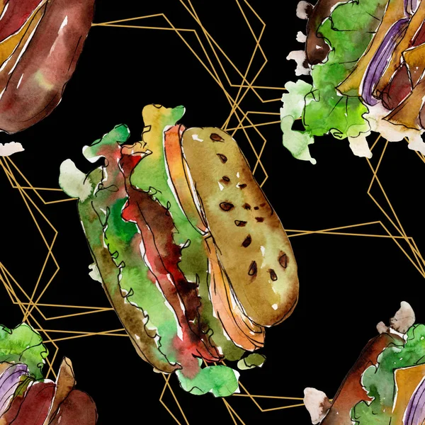 Hamburguesa de comida rápida aislada. Conjunto de ilustración de fondo acuarela. Patrón de fondo sin costuras . —  Fotos de Stock