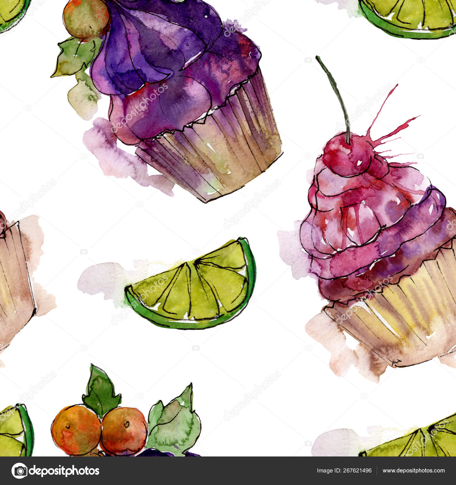 수채화 스타일의 맛있는 컵 케이크. 아쿠아렐 스위트 디저트 일러스트 세트. 원활한 배경 패턴. 스톡 일러스트레이션 [©  AUTHOR_NAME] #267621496, image size:1600x1700