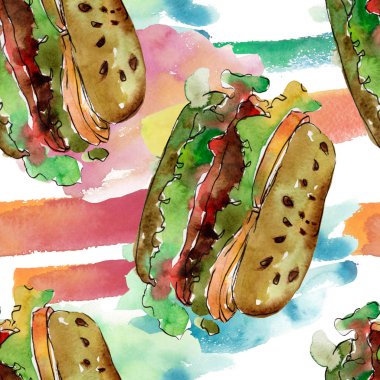 Hamburger fast food izole. Suluboya arka plan illüstrasyon seti. Kesintisiz arka plan deseni.