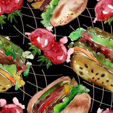 Hamburger fast food izole. Suluboya arka plan illüstrasyon seti. Kesintisiz arka plan deseni.