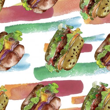 Hamburger fast food izole. Suluboya arka plan illüstrasyon seti. Kesintisiz arka plan deseni.