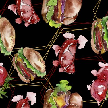 Hamburger fast food izole. Suluboya arka plan illüstrasyon seti. Kesintisiz arka plan deseni.