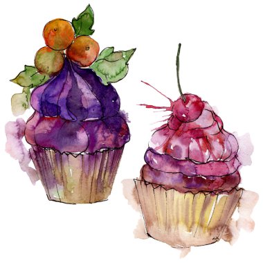 Suluboya tarzında lezzetli cupcake. Aquarelle tatlı tatlı illüstrasyon seti. İzole tatlılar arka plan elemanı.