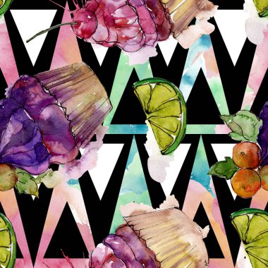 Suluboya tarzında lezzetli cupcake. Aquarelle tatlı tatlı illüstrasyon seti. Kesintisiz arka plan deseni.