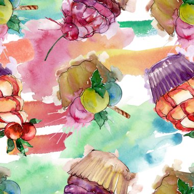 Suluboya tarzında lezzetli cupcake. Aquarelle tatlı tatlı illüstrasyon seti. Kesintisiz arka plan deseni.